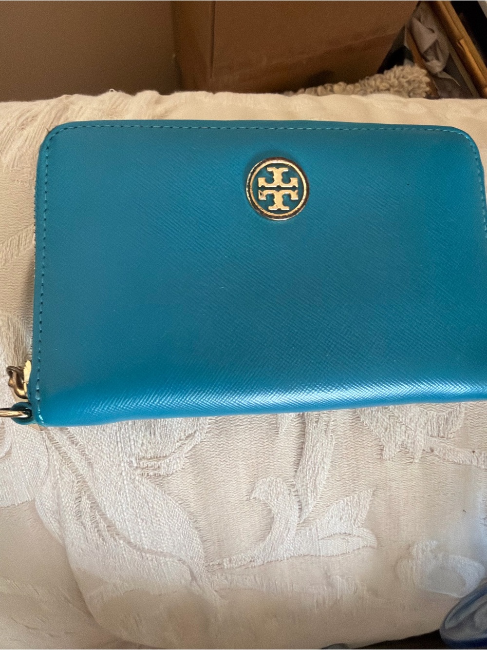 Tory Burch Turquoise Zip-Around Leather Wallet with Gold Logo